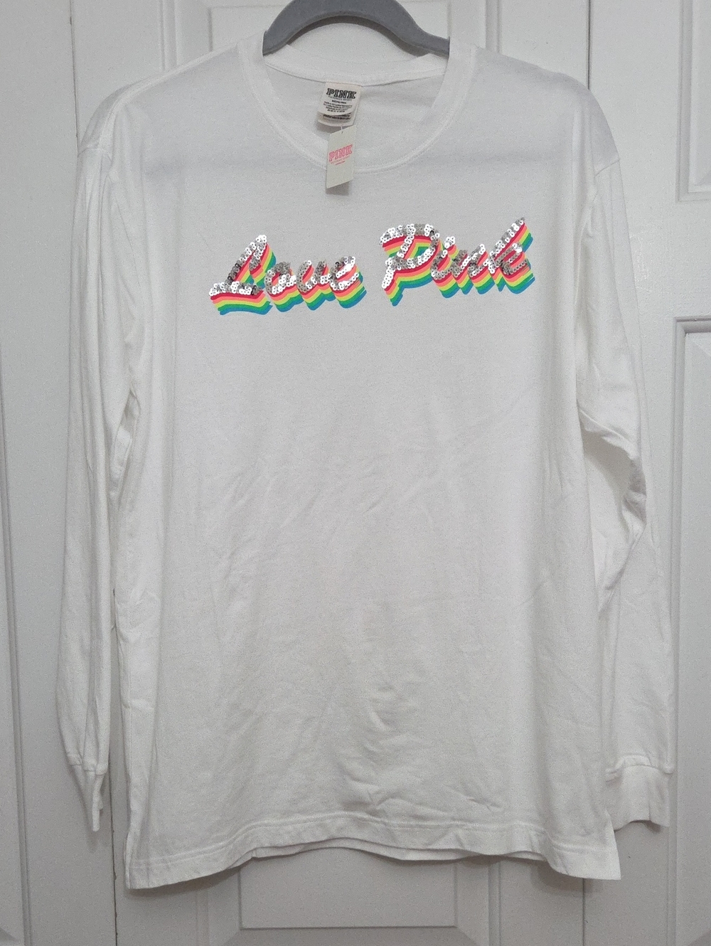 NEW Victoria's Secret PINK Bling Sequin Long Sleeve Campus Crewneck Tee/ M